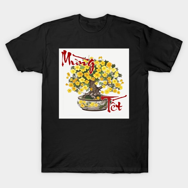 Mung Tet, Lunar New Year, Calligraphy + AI Art, Hoa Mai T-Shirt by AZNSnackShop